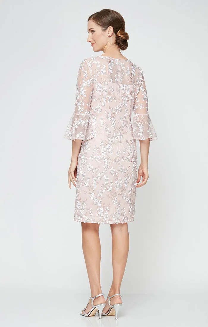 Regular - Embroidered Sequin Lace Sheath Dress with Illusion Neckline, 3/4 Bell Sleeves sold by Alex Evenings product image thumbnail 2