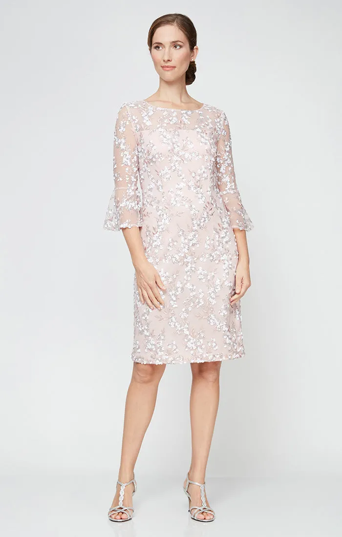 Regular - Embroidered Sequin Lace Sheath Dress with Illusion Neckline, 3/4 Bell Sleeves sold by Alex Evenings