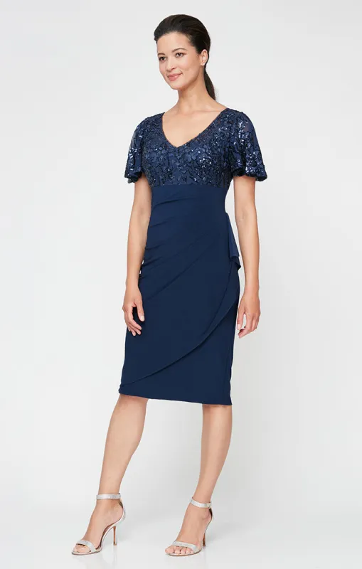 Petite Empire Waist Sheath Dress with Flutter Sleeves and Cascade Detail Skirt sold by Alex Evenings
