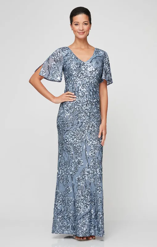 Caroline Flutter Sleeve Sequin Gown sold by Alex Evenings