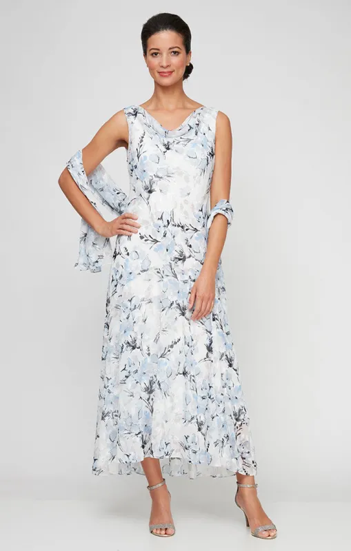 Regular - Floral Chiffon Sleeveless Dress with Cowl Neckline and Shawl sold by Alex Evenings