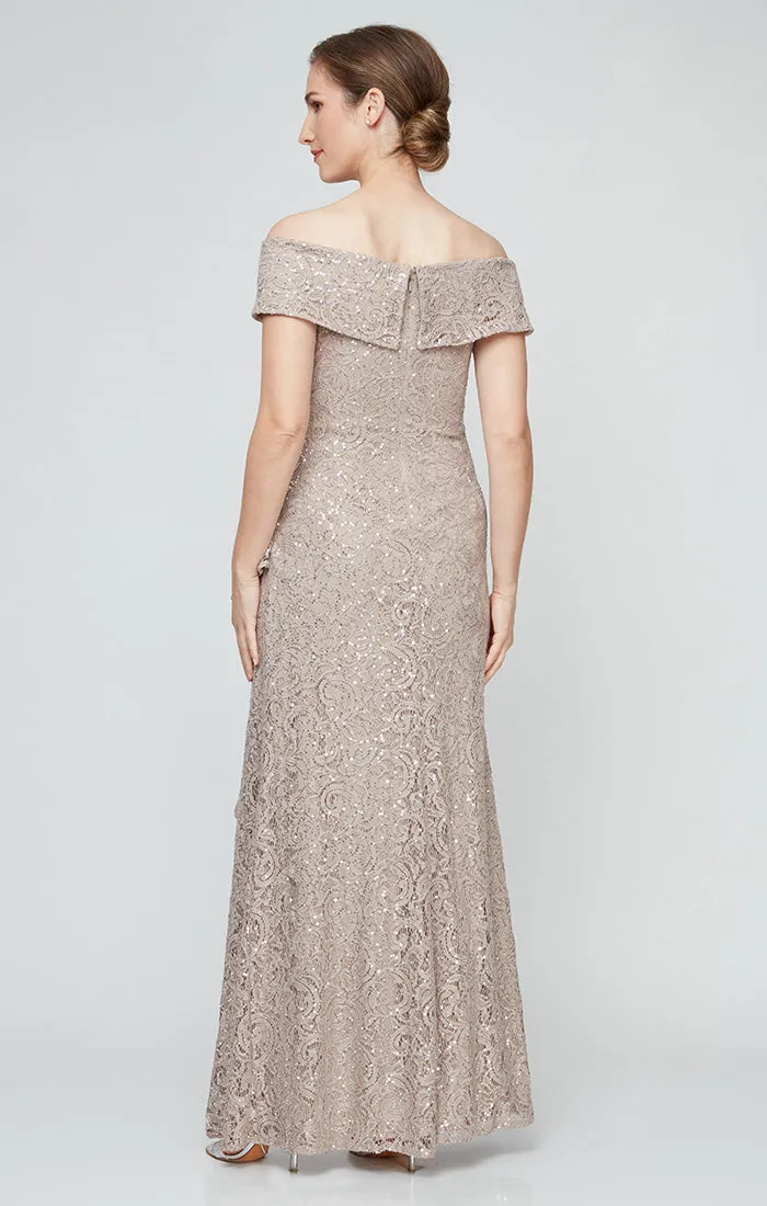 Regular - Off-the-Shoulder Sequin Lace Dress with Cascade Ruffle Detail Skirt sold by Alex Evenings product image thumbnail 2