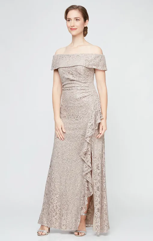 Off-the-Shoulder Sequin Lace Dress with Cascade Ruffle Detail Skirt sold by Alex Evenings