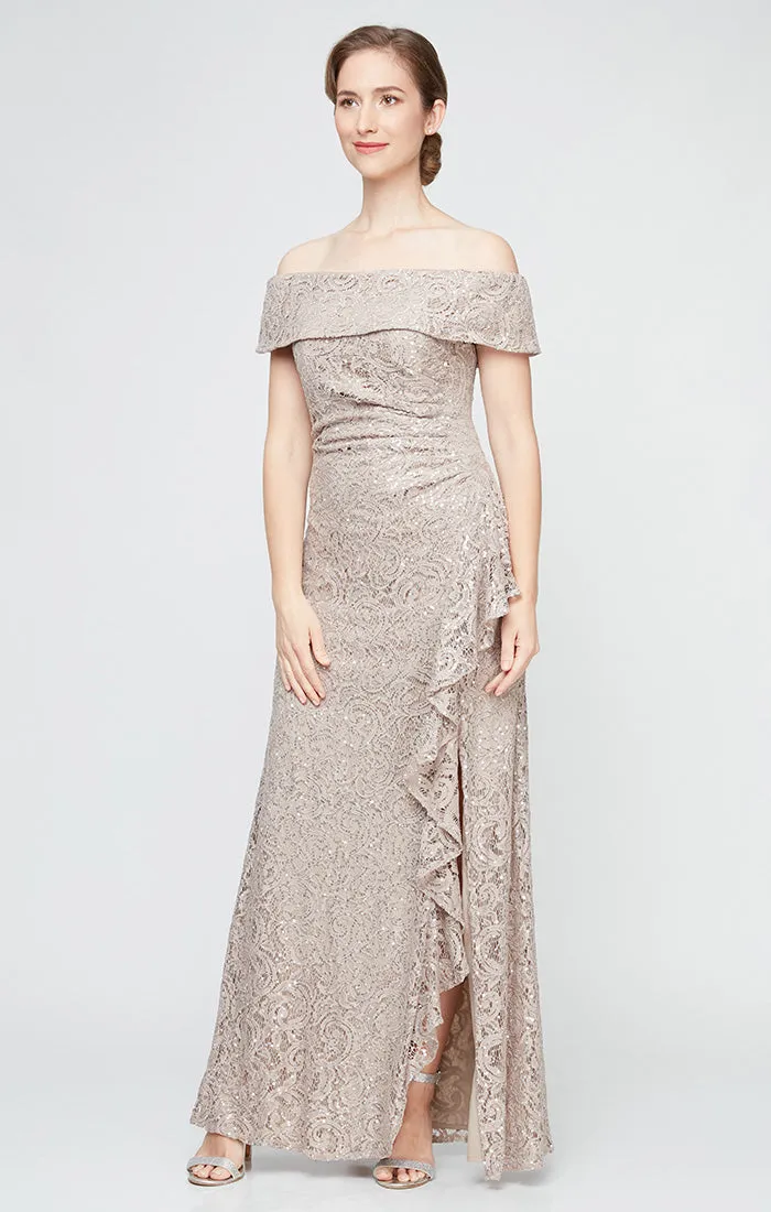 Regular - Off-the-Shoulder Sequin Lace Dress with Cascade Ruffle Detail Skirt sold by Alex Evenings