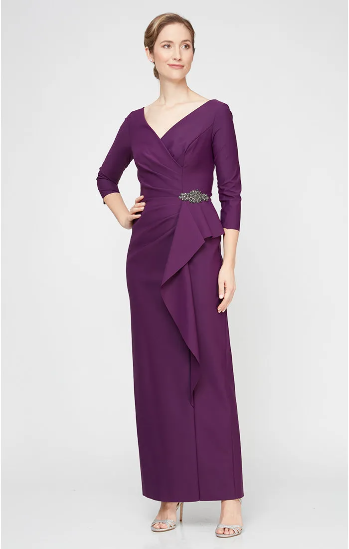 Compression Dress with Surplice Neckline, Cascade Ruffle Skirt and Embellishment at Hip sold by Alex Evenings
