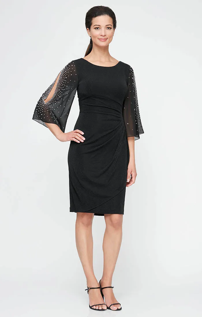 Regular - Metallic Knit Party Dress with Embellished Illusion Sleeves sold by Alex Evenings