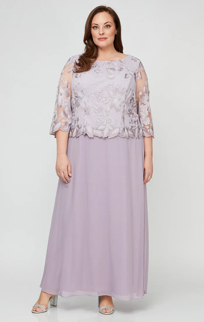 Plus - A-Line Embroidered Dress with Scallop Detail and 3/4 Sleeves sold by Alex Evenings