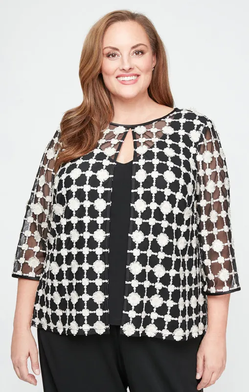 Plus - Embroidered Mock Twinset with Attached Jacket and Hook Neck Closure sold by Alex Evenings