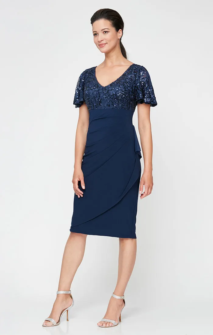 Regular - V-Neck Empire Waist Sheath Dress with Flutter Sleeves & Cascade Detail Skirt sold by Alex Evenings