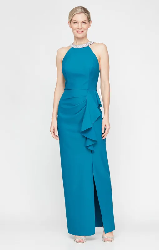 Petite - Long Halter Neck Compression Dress with Embellished Neckline and Cascade Skirt sold by Alex Evenings