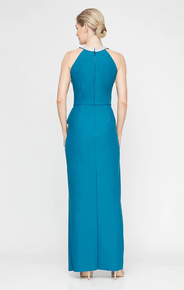Petite - Long Halter Neck Compression Dress with Embellished Neckline and Cascade Skirt sold by Alex Evenings product image thumbnail 2