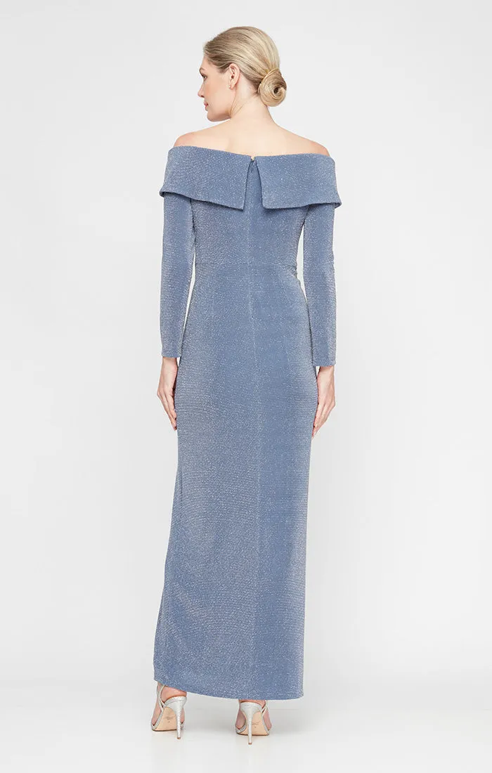 Regular - Long Metallic Knit Off the Shoulder Dress with Foldover Cuff Neckline, Long Sleeves and Front Slit sold by Alex Evenings product image thumbnail 2