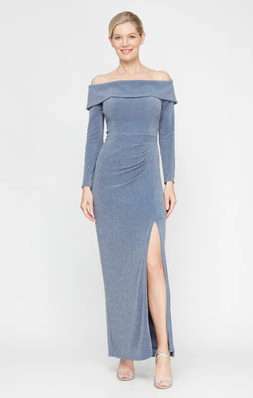Regular - Long Metallic Knit Off the Shoulder Dress with Foldover Cuff Neckline, Long Sleeves and Front Slit made by Alex Evenings