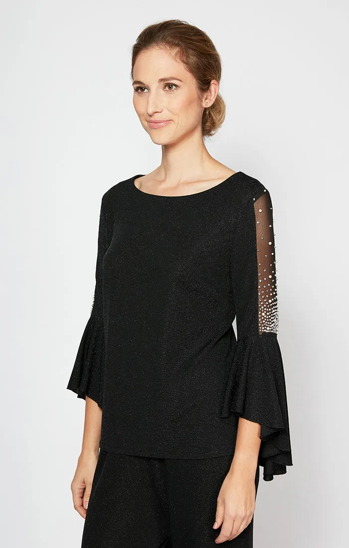 Petite Metallic Knit Blouse with Beaded Illusion Detail Bell Sleeves sold by Alex Evenings