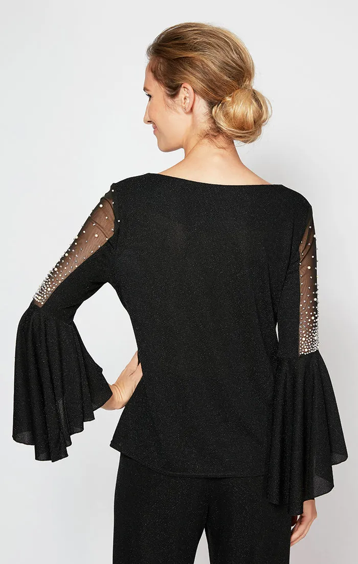 Petite Metallic Knit Blouse with Beaded Illusion Detail Bell Sleeves sold by Alex Evenings product image thumbnail 2