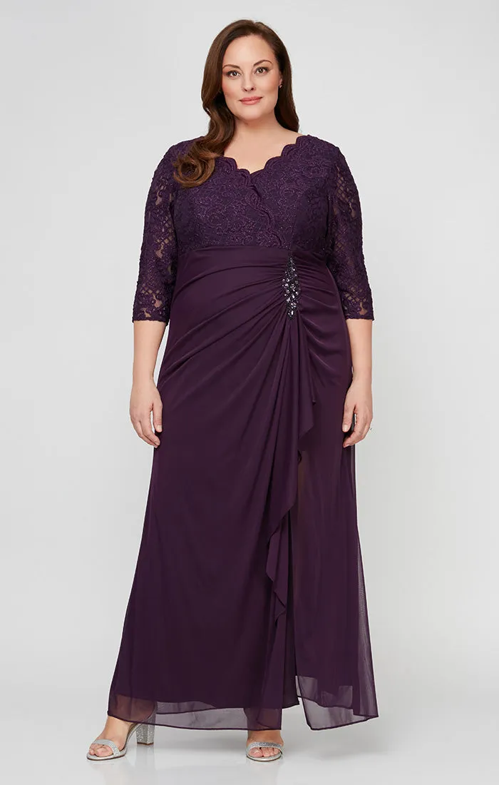 Plus Empire Waist Lace & Mesh Dress with Surplice Neckline & Beaded Ruched Detail Cascade Skirt sold by Alex Evenings product image thumbnail 3