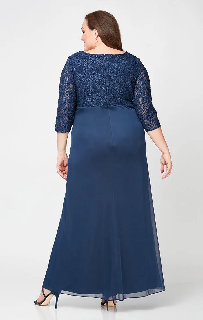 Plus Empire Waist Lace & Mesh Dress with Surplice Neckline & Beaded Ruched Detail Cascade Skirt sold by Alex Evenings product image thumbnail 2