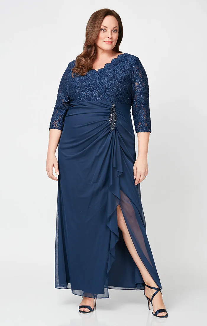 Plus Empire Waist Lace & Mesh Dress with Surplice Neckline & Beaded Ruched Detail Cascade Skirt sold by Alex Evenings