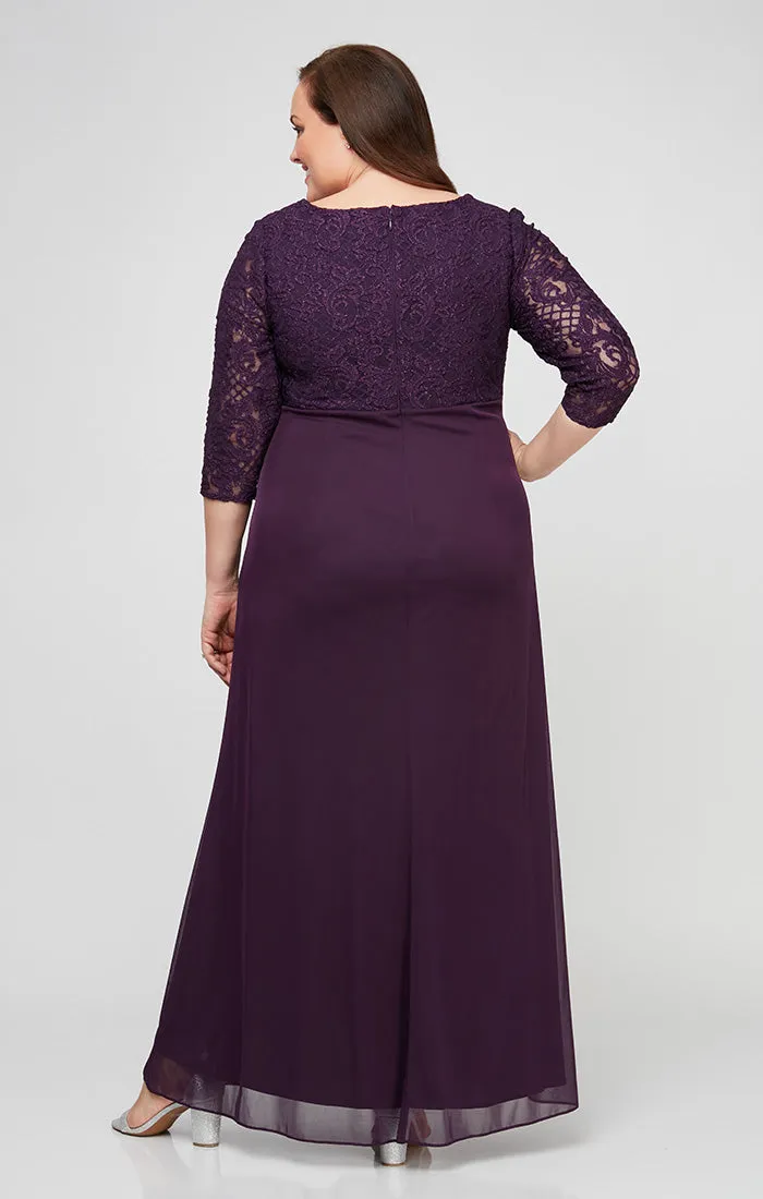 Plus Empire Waist Lace & Mesh Dress with Surplice Neckline & Beaded Ruched Detail Cascade Skirt sold by Alex Evenings product image thumbnail 4