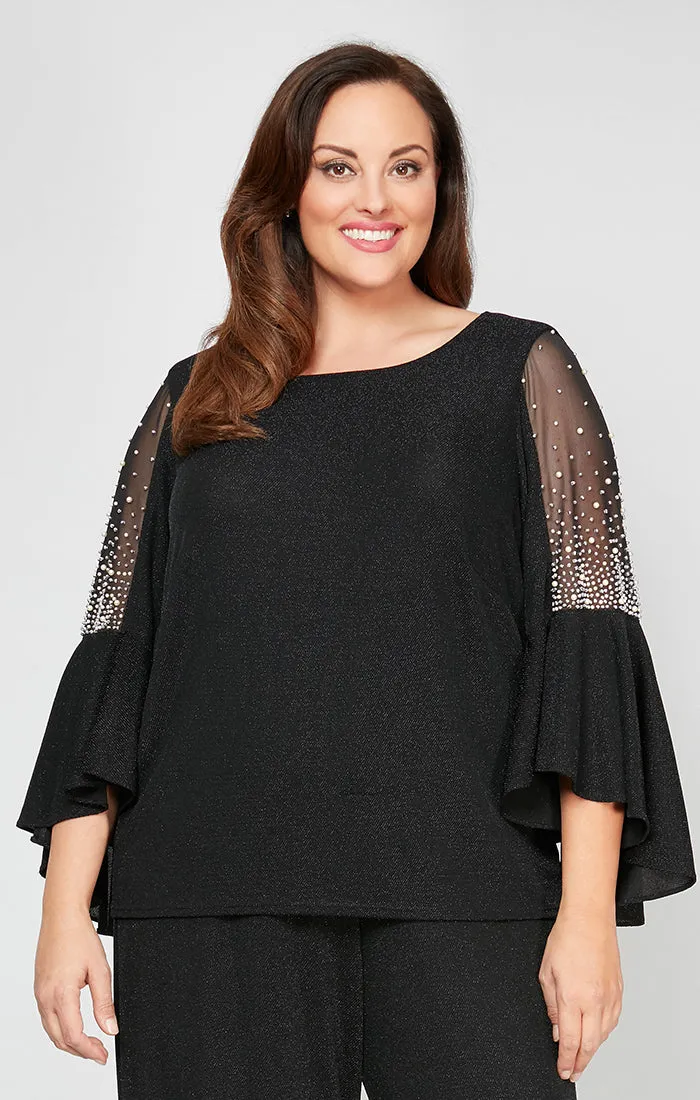 Plus 3/4 Sleeve Blouse With Beaded Illusion Detail and Cascade Bell Sleeves sold by Alex Evenings