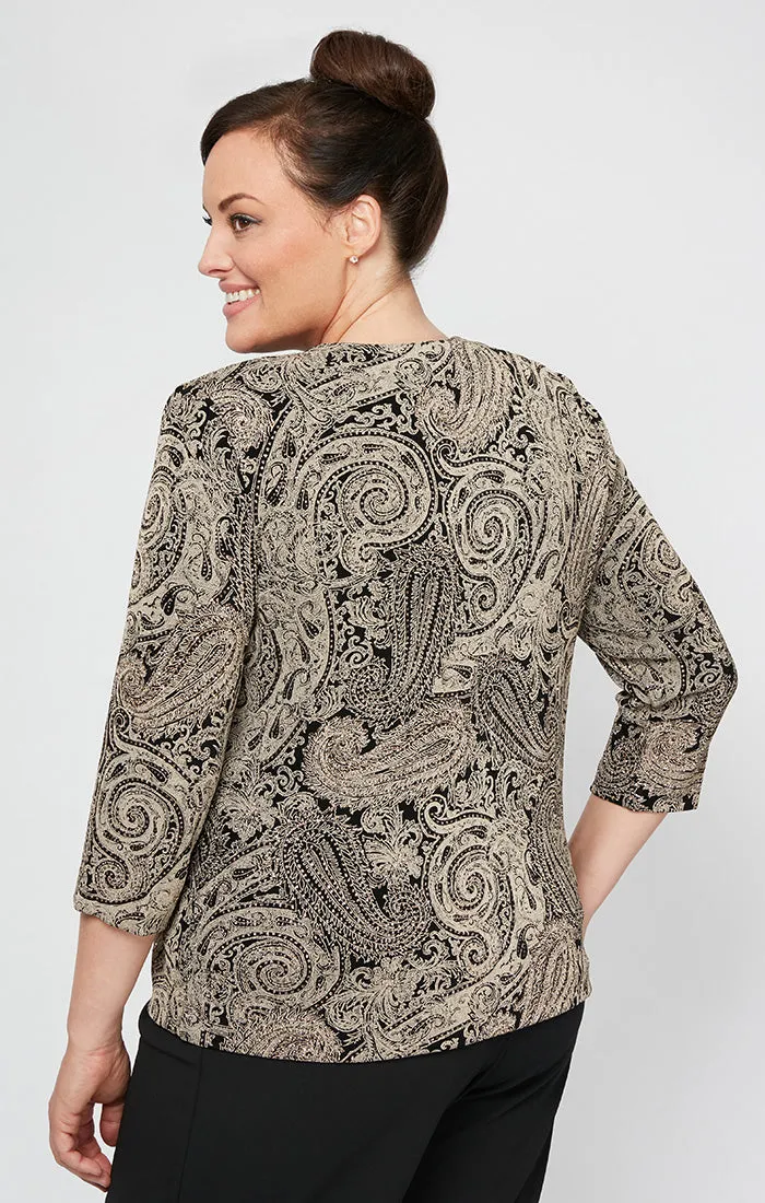 Plus Printed 3/4 Sleeve Slinky Twinset with Glitter Detail and Hook and Eye Closure at Neck sold by Alex Evenings product image thumbnail 3