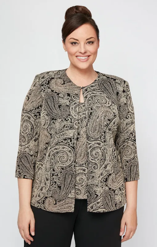 Plus Printed 3/4 Sleeve Slinky Twinset with Glitter Detail and Hook and Eye Closure at Neck sold by Alex Evenings