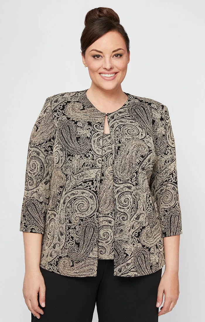 Plus Printed 3/4 Sleeve Slinky Twinset with Glitter Detail and Hook and Eye Closure at Neck sold by Alex Evenings