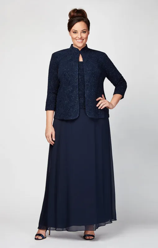Plus Glitter Jacquard Knit Jacket Dress with Mandarin Neckline sold by Alex Evenings