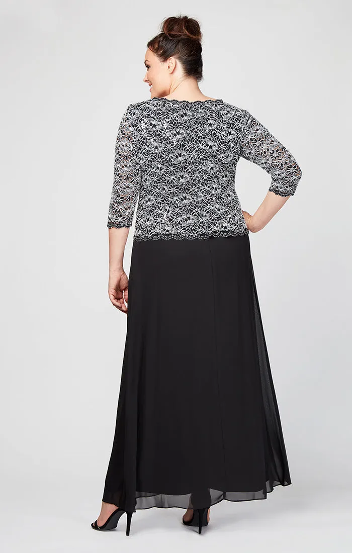 Plus Long Gown with Lace Bodice with 3/4 Illusion Sleeves, Scalloped Hem Detail and Chiffon Skirt sold by Alex Evenings product image thumbnail 2