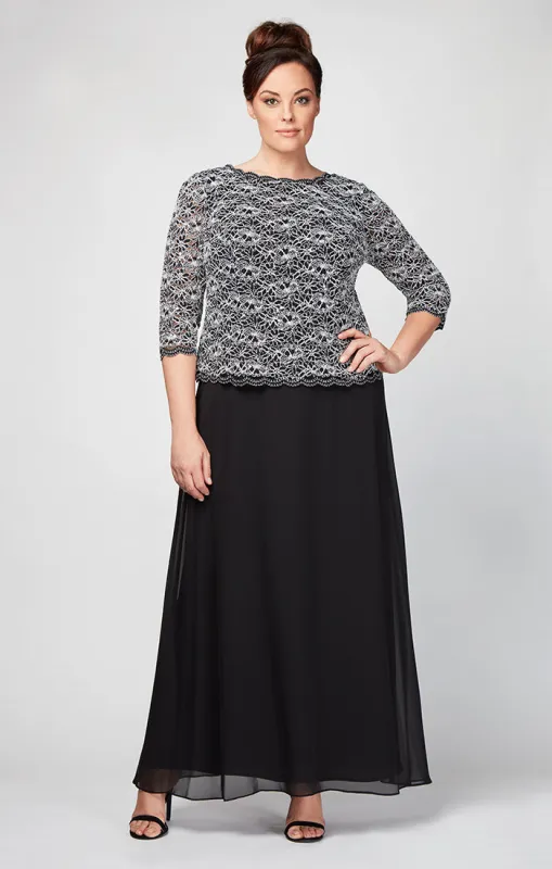 Plus Long Gown with Lace Bodice with 3/4 Illusion Sleeves, Scalloped Hem Detail and Chiffon Skirt sold by Alex Evenings