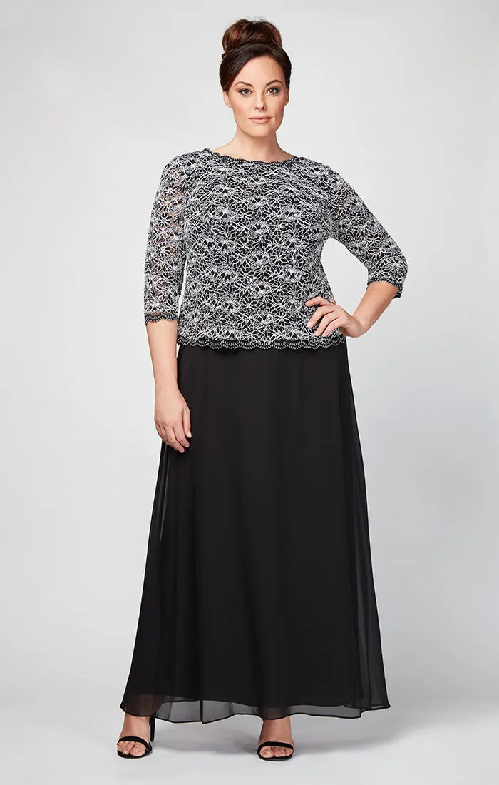 Plus Long Gown with Lace Bodice with 3/4 Illusion Sleeves, Scalloped Hem Detail and Chiffon Skirt sold by Alex Evenings