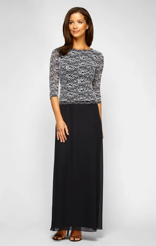 Lace & Chiffon Gown with Scalloped Hem Detail sold by Alex Evenings