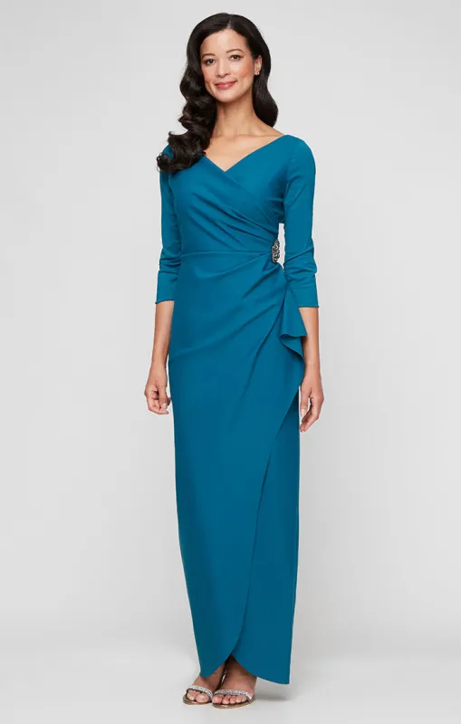 *Long Surplice Sheath Dress With Cascade Tulip Overlay Skirt Detail and Embellishment at Hip sold by Alex Evenings