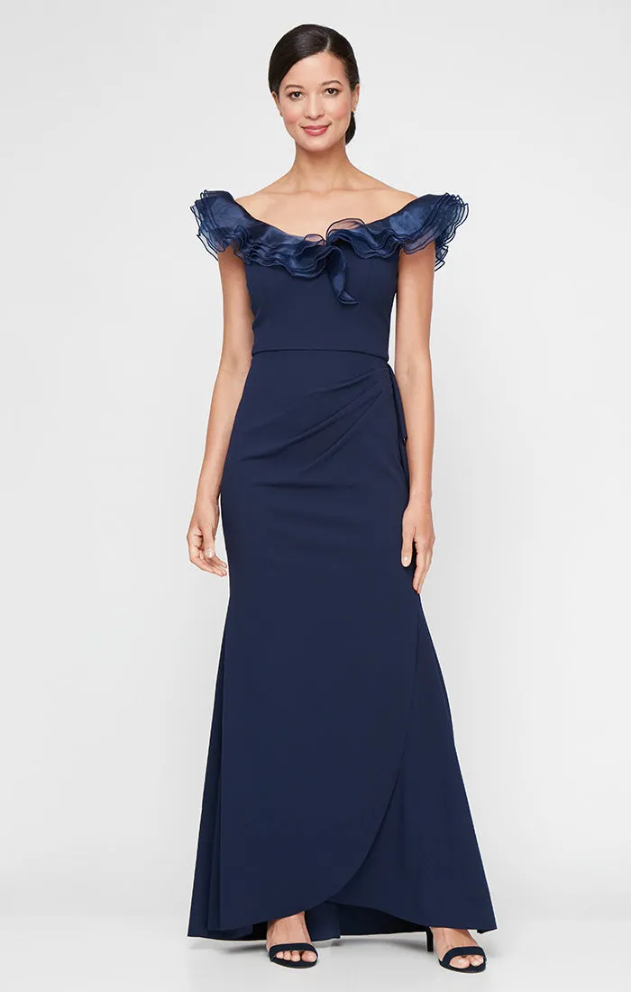 *Long Stretch Crepe Off-the-Shoulder Dress with Organza Ruffle Neckline sold by Alex Evenings