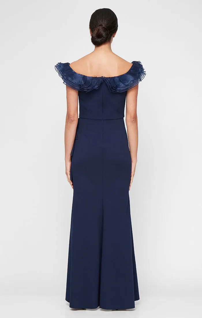 *Long Stretch Crepe Off-the-Shoulder Dress with Organza Ruffle Neckline sold by Alex Evenings product image thumbnail 2