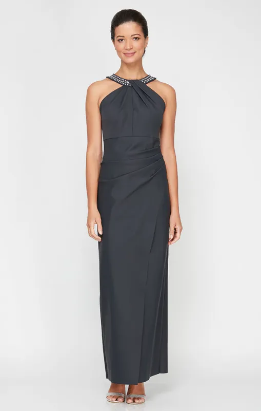 Long Halter Neck Column Dress With Embellishment at Neck and Overlay Skirt sold by Alex Evenings