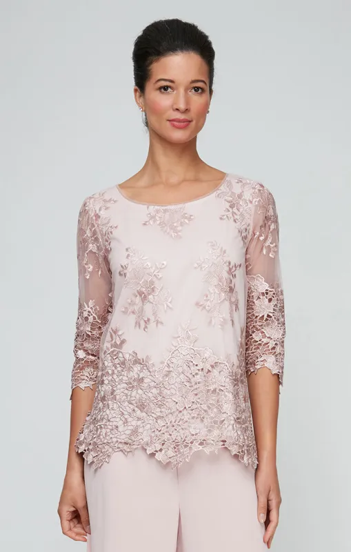 Plus 3/4 Sleeve Embroidered Detail Tunic with Scallop Sleeves & Hem sold by Alex Evenings