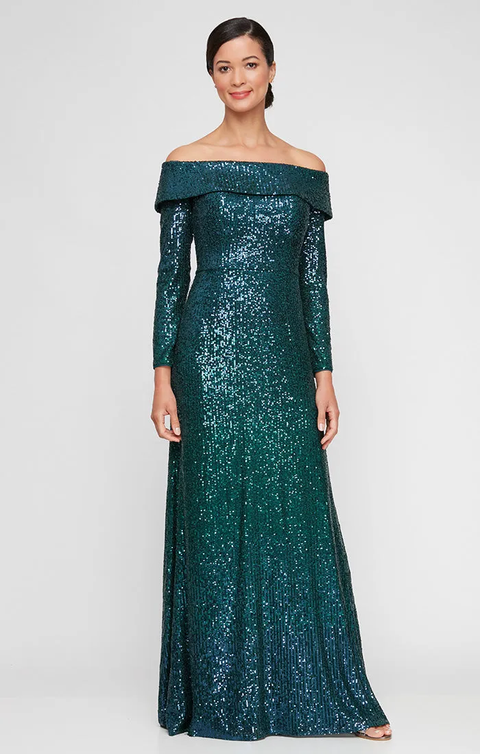 *Long Off the Shoulder Sequin Gown with Long Sleeves sold by Alex Evenings