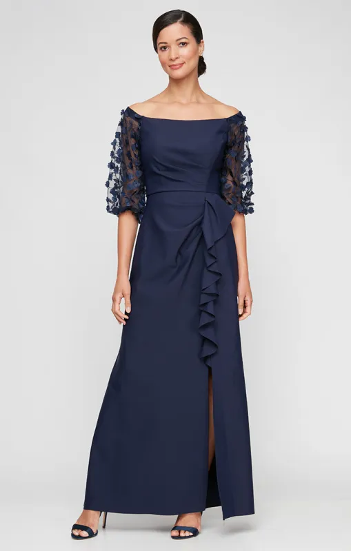 *Long Off the Shoulder Compression Dress with Illusion 3D Flower Sleeves sold by Alex Evenings