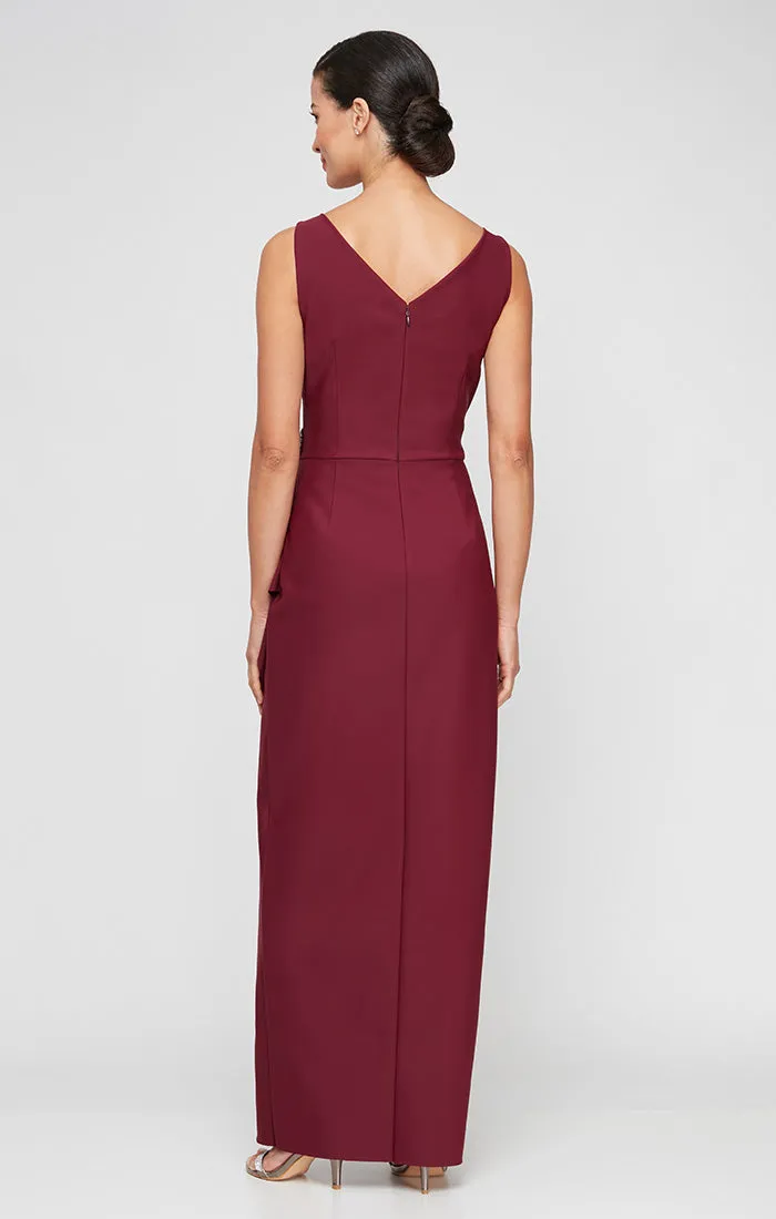 Petite Compression Long Sleeveless Sheath Gown with Surplice Neckline, Cascade Detail Skirt and Beaded Detail at Hip sold by Alex Evenings product image thumbnail 4