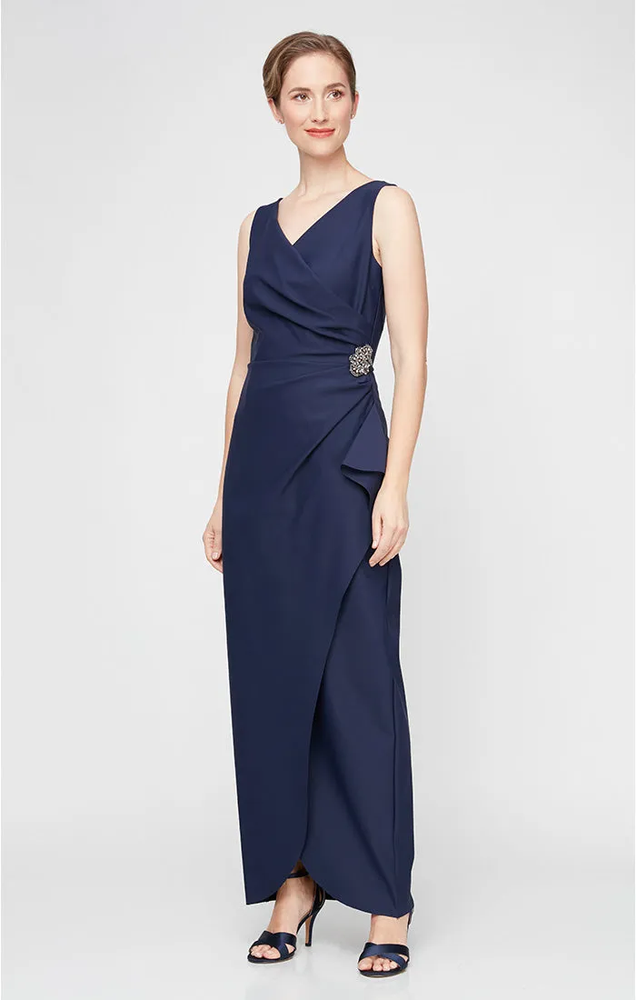 Petite Compression Long Sleeveless Sheath Gown with Surplice Neckline, Cascade Detail Skirt and Beaded Detail at Hip sold by Alex Evenings