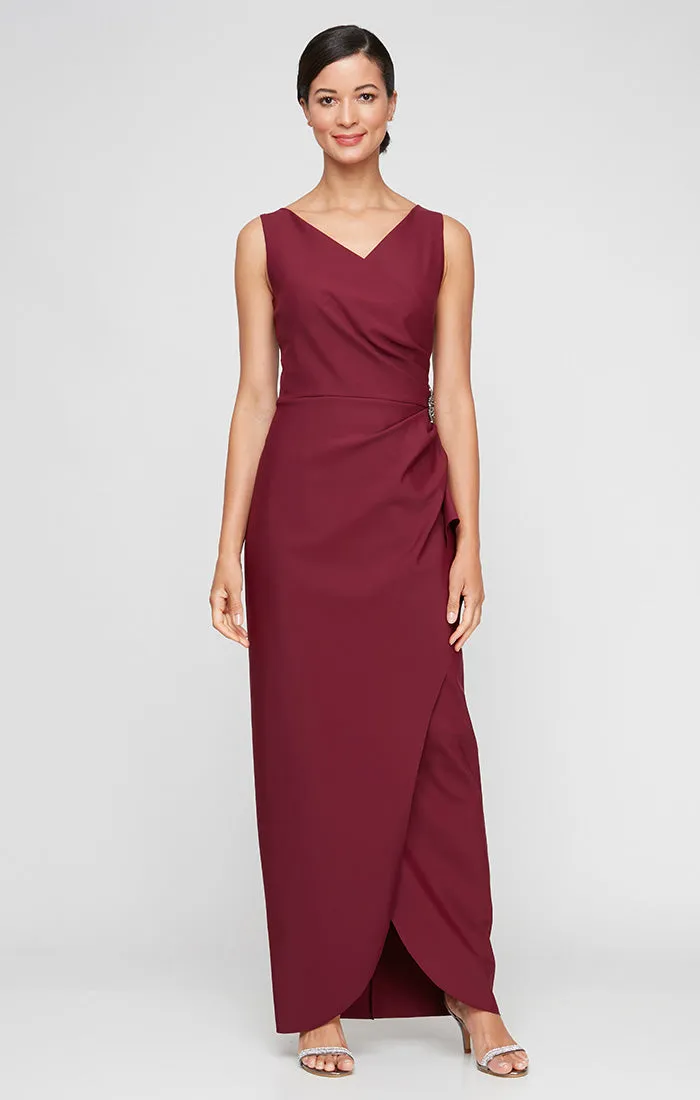 Petite Compression Long Sleeveless Sheath Gown with Surplice Neckline, Cascade Detail Skirt and Beaded Detail at Hip sold by Alex Evenings product image thumbnail 3