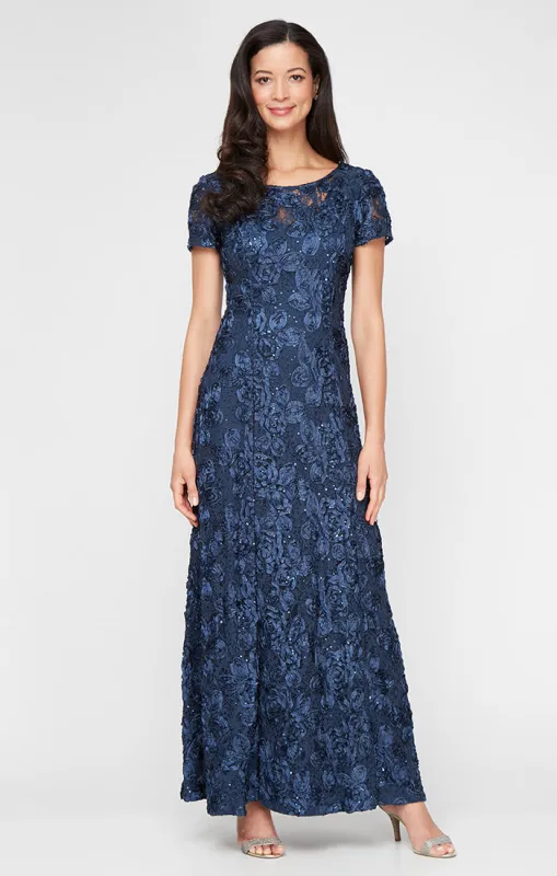 Rosette A-Line Gown with Sequin Detail & Short Illusion Sleeves sold by Alex Evenings