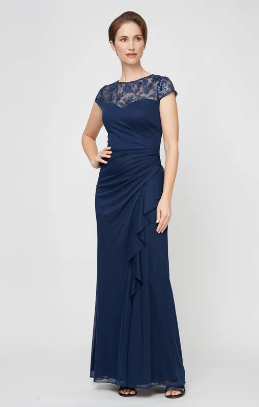 Long Cascade Detail Dress with Embroidered Illusion Neckline and Cap Sleeves sold by Alex Evenings