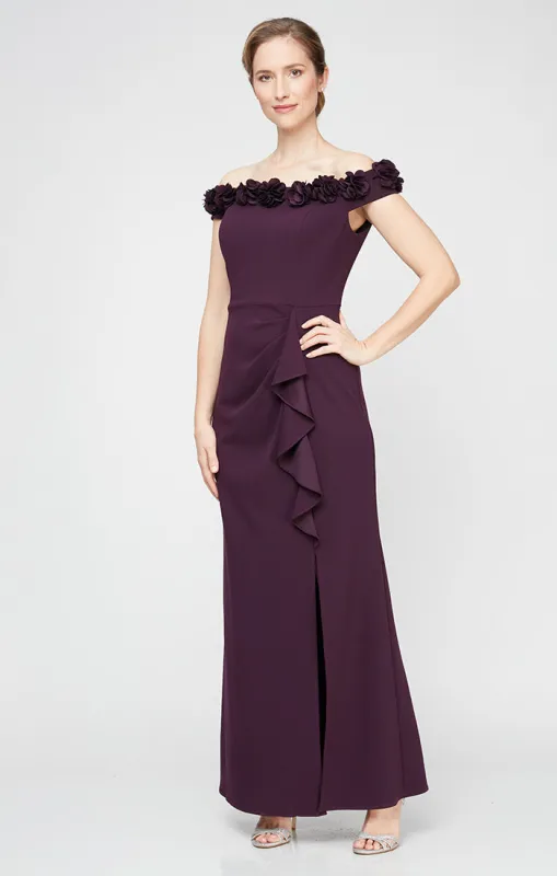 *Off-the-Shoulder Crepe Gown with 3D Floral Neckline sold by Alex Evenings