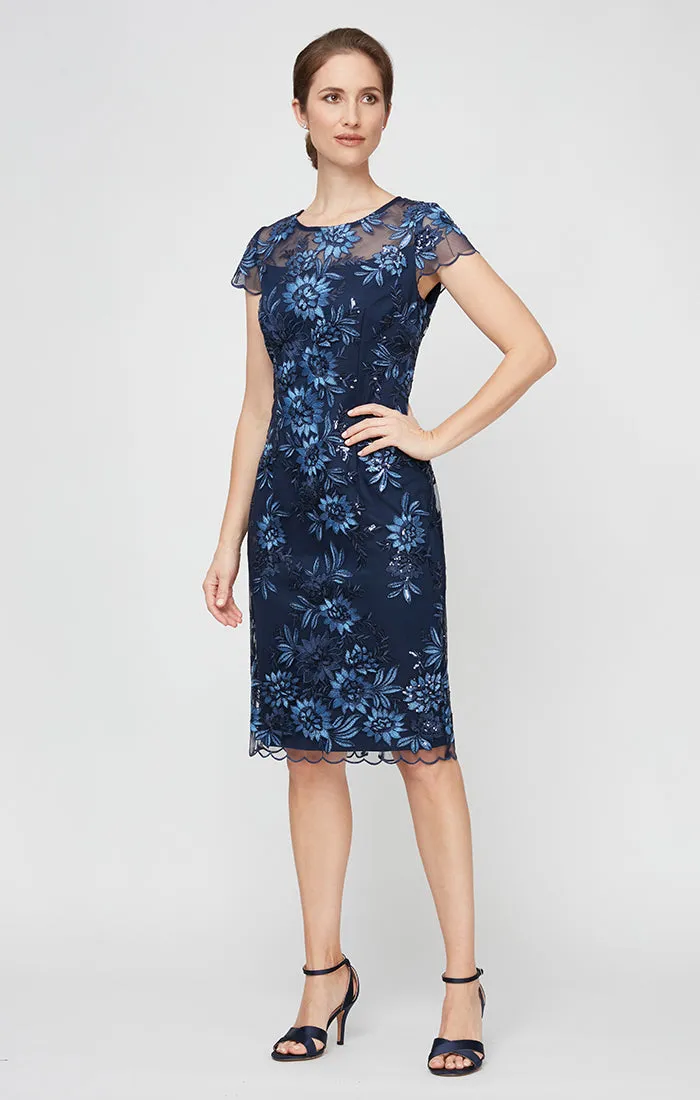 Regular - Embroidered Cap Sleeve Lace Cocktail Dress with Illusion Neckline & Scallop Detail Hem sold by Alex Evenings