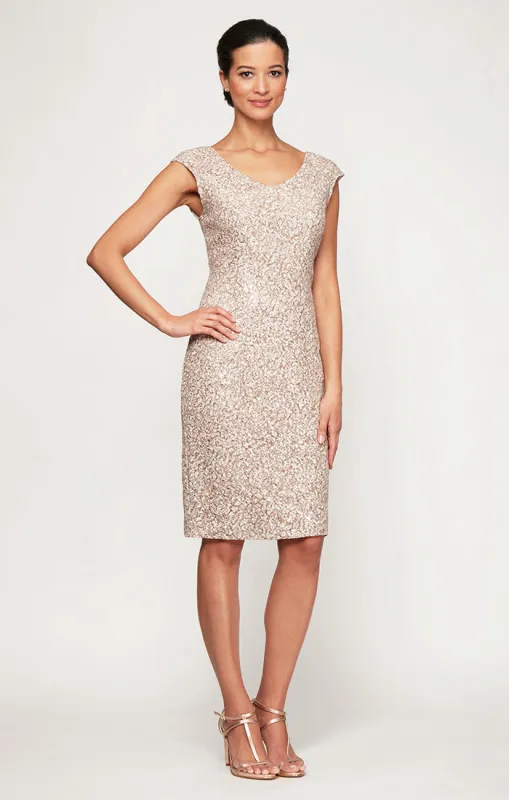 Short V-Neck Sheath Dress With Cap Sleeves and Cording Detail sold by Alex Evenings