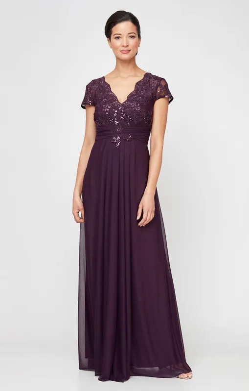Surplice Neckline A-Line Dress with Pleated Waist and Scallop Detail sold by Alex Evenings