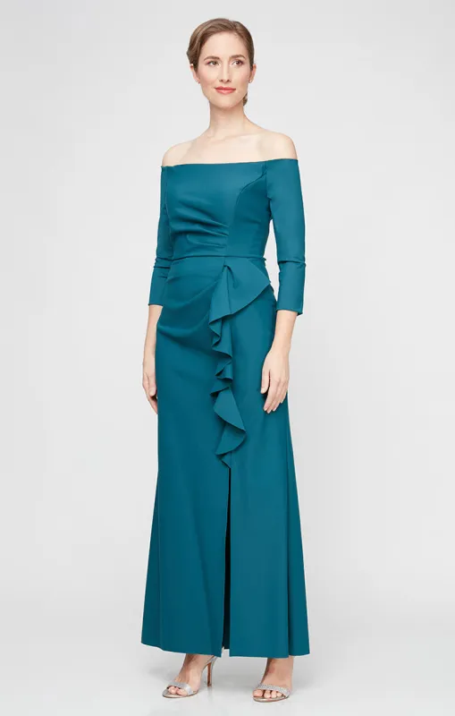 *Long Off the Shoulder Compression Dress With Front Cascade Detail Skirt sold by Alex Evenings