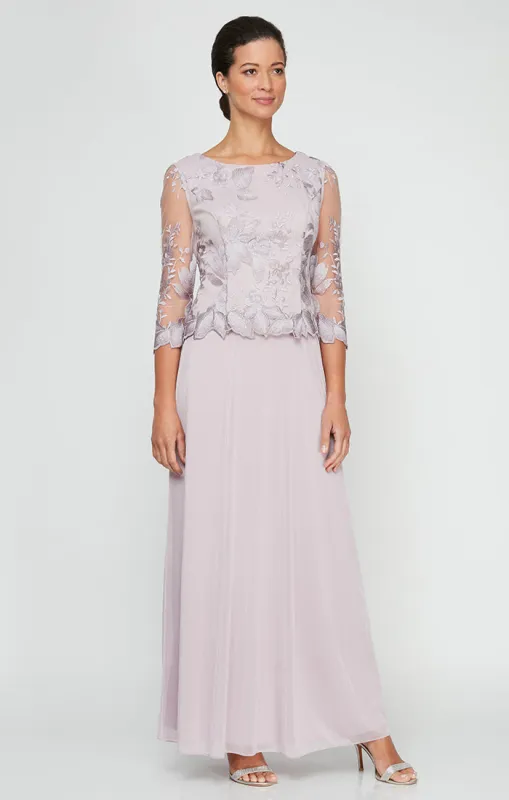 Petite Long A-Line Embroidered Mock Dress with Scallop Detail and 3/4 Sleeves sold by Alex Evenings